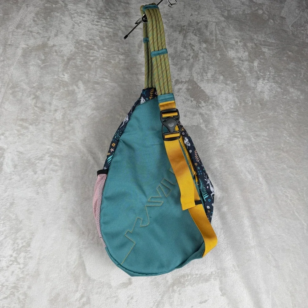 KAVU Rope Bag Sling Backpack Woodland Forest Animal Print Teal Yellow Canvas